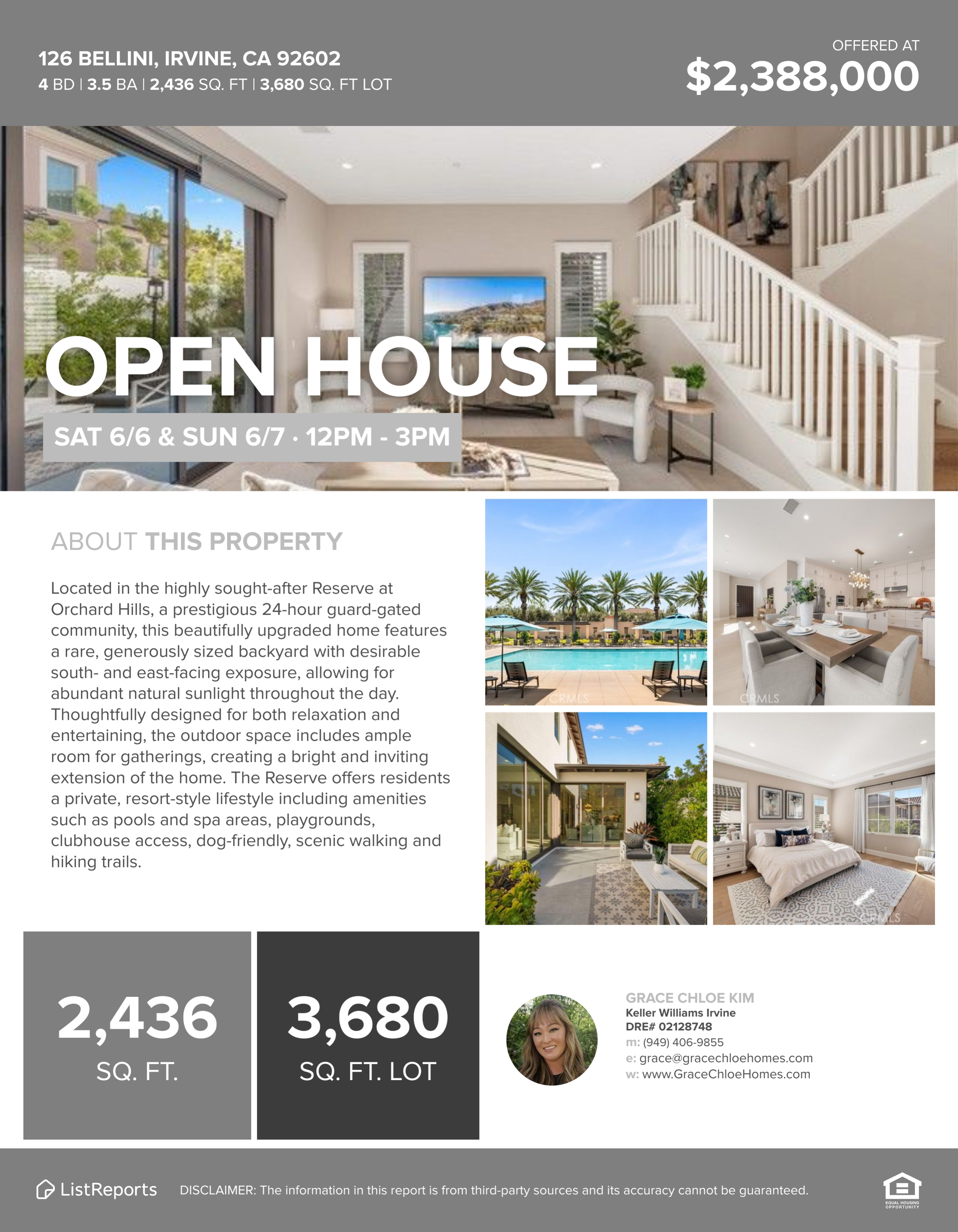 126 Bellini Irvine Open House Flyer Saturday Sunday June 6-7 12PM-3PM $2,388,000