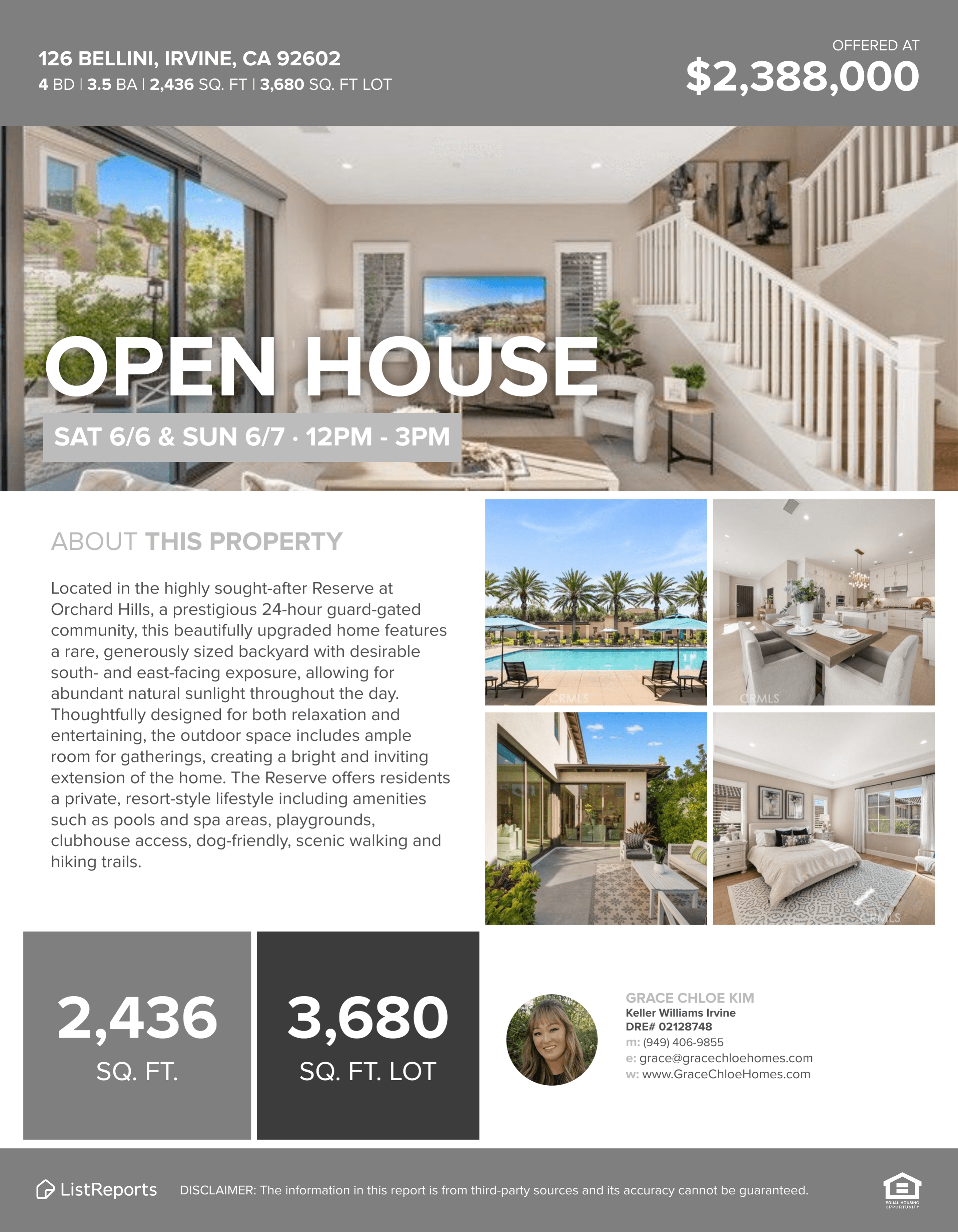 126 Bellini Irvine Open House Flyer Saturday Sunday June 6-7 12PM-3PM $2,388,000